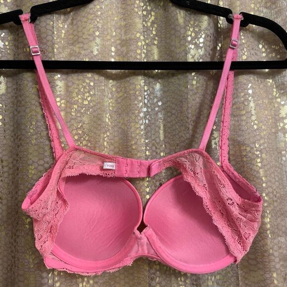 Vintage Y2K PINK Victorias Secret Hot Pink Metallic Cheetah Flirt Push Up Bra 34 - Picture 2 of 9